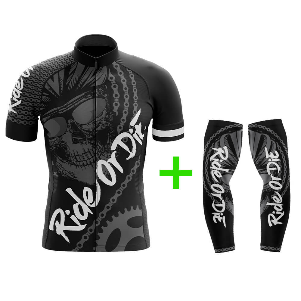 Cool Cycling Jersey With Arm Sleeves Ride Or Die V4 Black White Grey Skull Mens Bike Jersey-XS-Global Cycling Gear