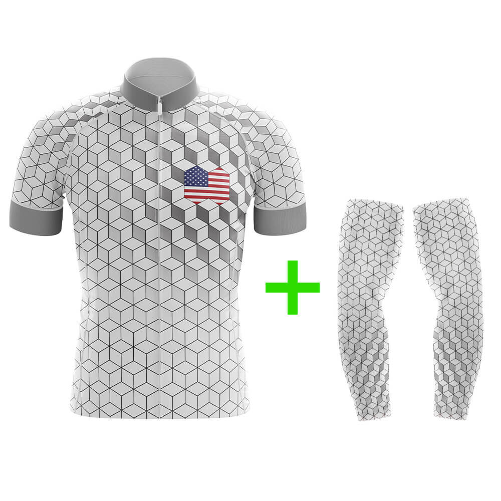 cool cycling gear Cool Cycling Jersey With Arm Sleeves USA V8 Gradient White Grey American Mens Bike Jersey