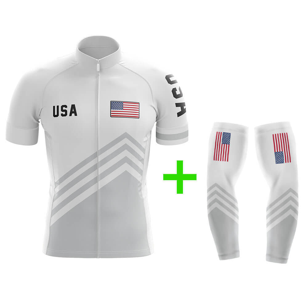 Cool Cycling Jersey With Arm Sleeves USA S5 White Grey American Mens Bike Jersey-XS-Global Cycling Gear