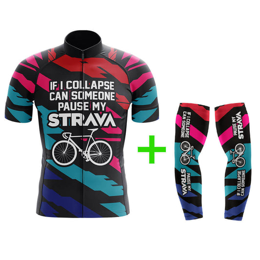 Funny Cycling Jersey With Arm Sleeves Pause My Strava Black Navy Blue Red Pink Mens Bike Jersey-XS-Global Cycling Gear