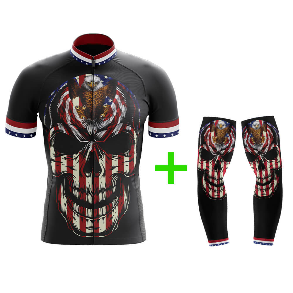 Cool Cycling Jersey With Arm Sleeves USA Flag Skull American Eagle Mens Bike Jersey-XS-Global Cycling Gear