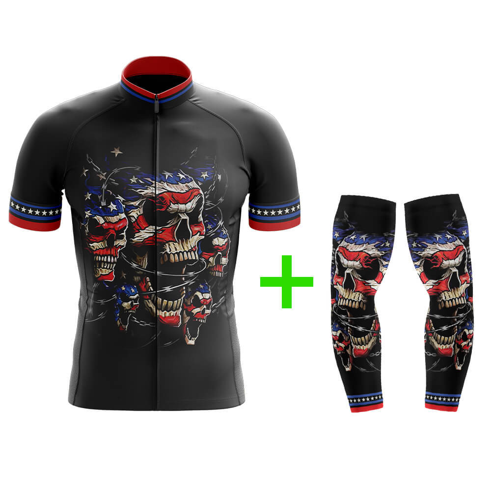 Cool Cycling Jersey With Arm Sleeves USA Flag Skull V3 Mens Black Bike Jersey-XS-Global Cycling Gear