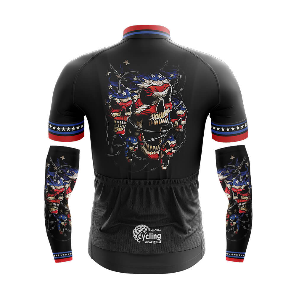 Cool Cycling Jersey With Arm Sleeves USA Flag Skull V3 Mens Black Bike Jersey-XS-Global Cycling Gear